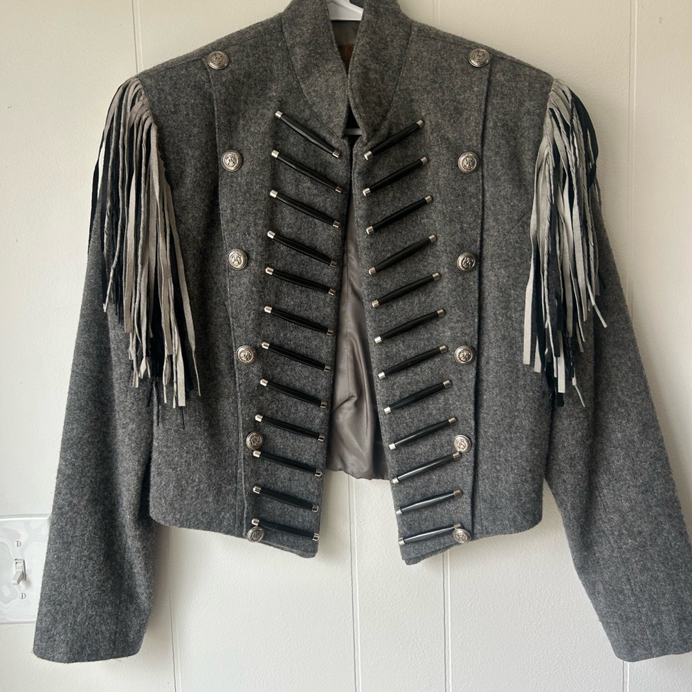 Double D Ranch Gray Cropped Blazer with Fringed Epaulettes